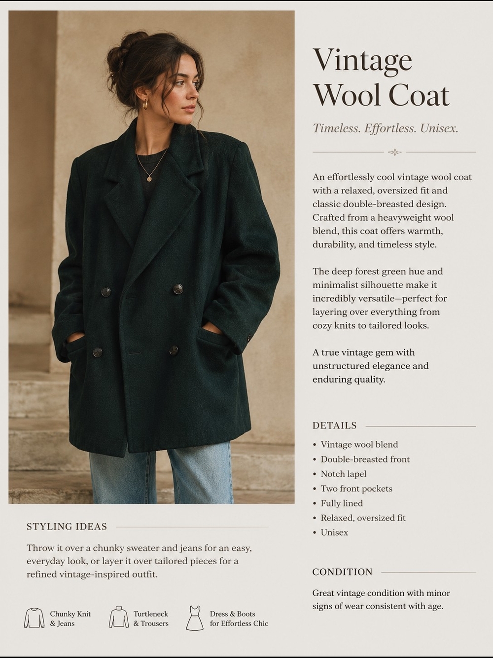 Deep Forest Green Vintage Wool Double-Breasted Coat